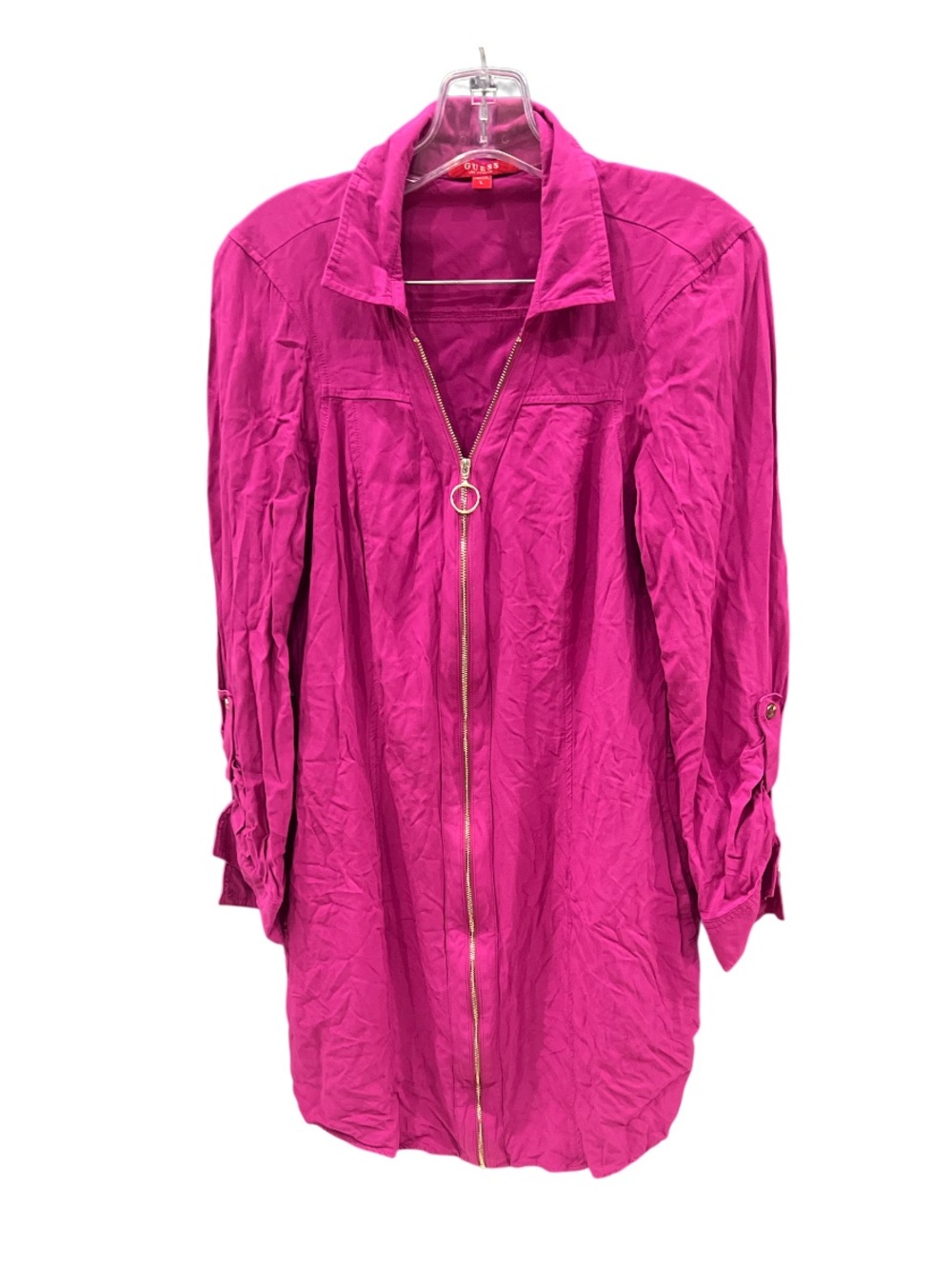 Y2K Guess Women’s Pink Full Zip Collared Long Sleeve Shirt Dress Casual Size L